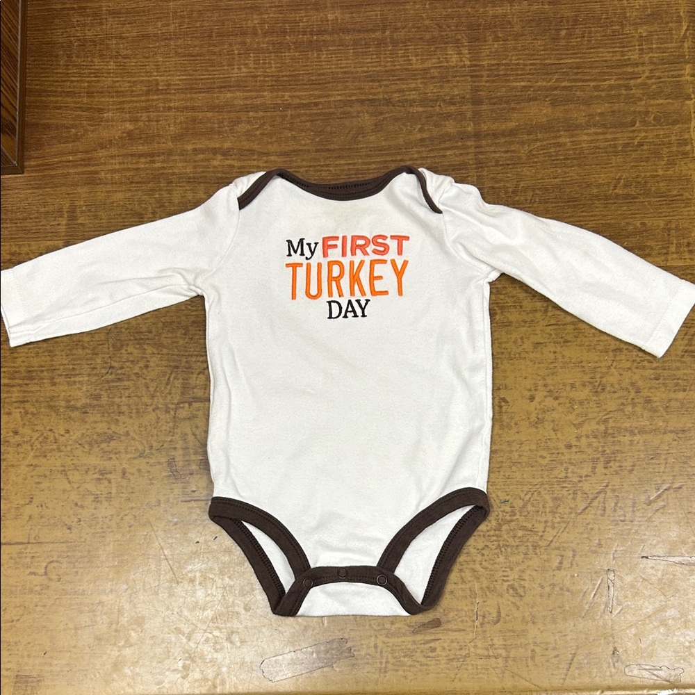 My First Turkey Day White and Brown Baby Onesie 9 Months